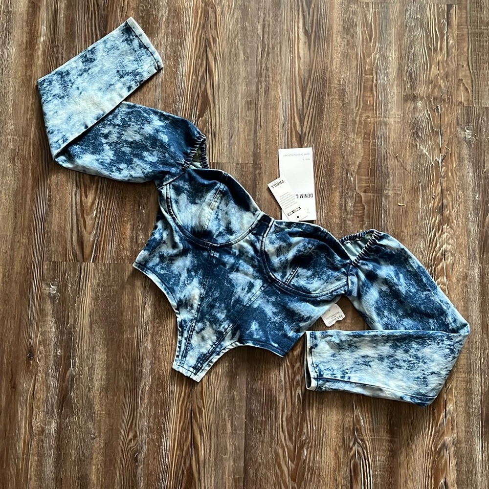 Thrill Jeans Acid Wash Denim Long Sleeve Corset Rodeo Streetwear Top
